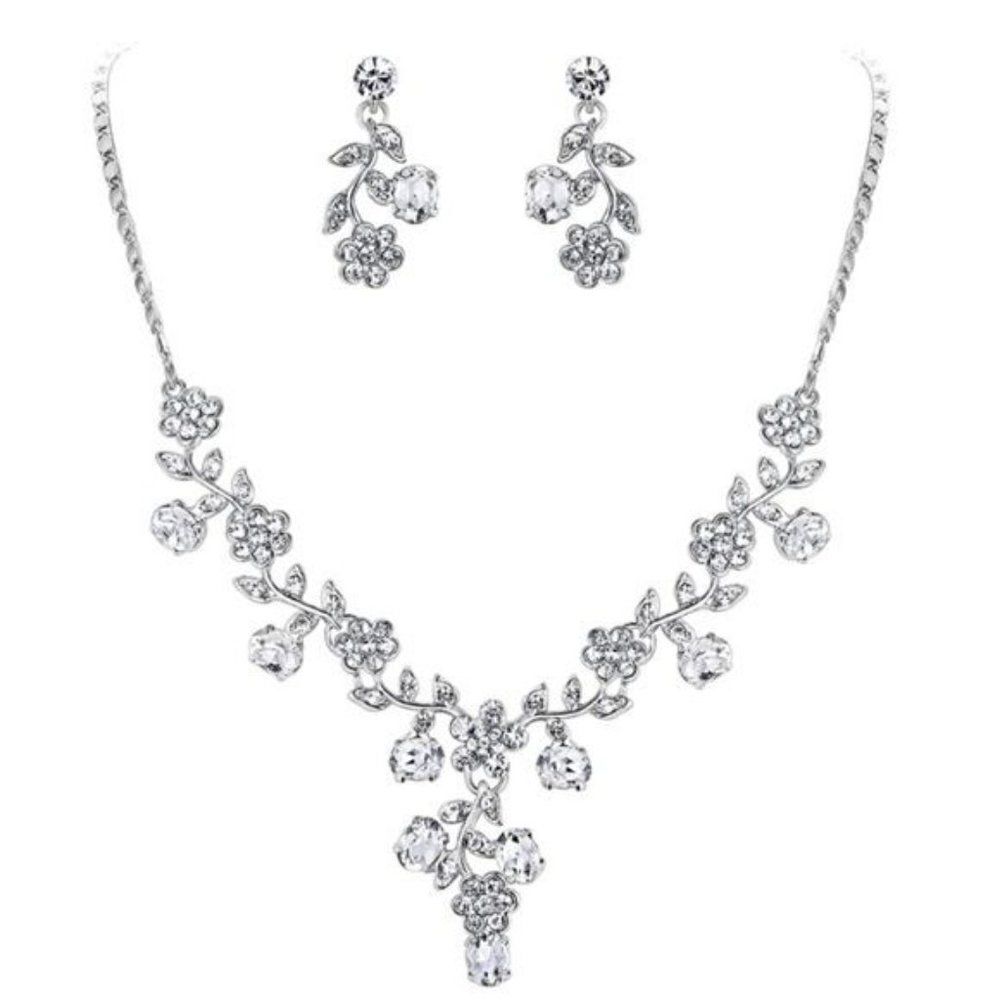 Silver and White Diamond Austrian Crystal Flower Leaf Necklace and Earrings Set